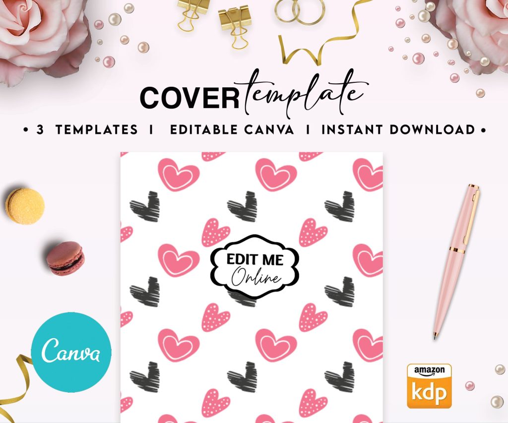 Hearth Pattern girl pink Book Cover Template Bundle Canva Editable For Notebook Journal Binder Covers, Canva For KDP Cover 6×9″ 120 pages