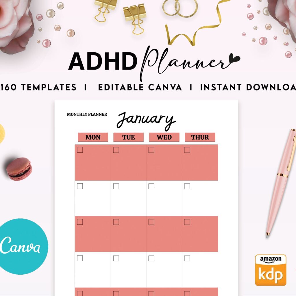 Adult ADHD +160 editable Canva Life Planner Templates for Journal, Canva KDP Planner editable interiors bundle as print PDF