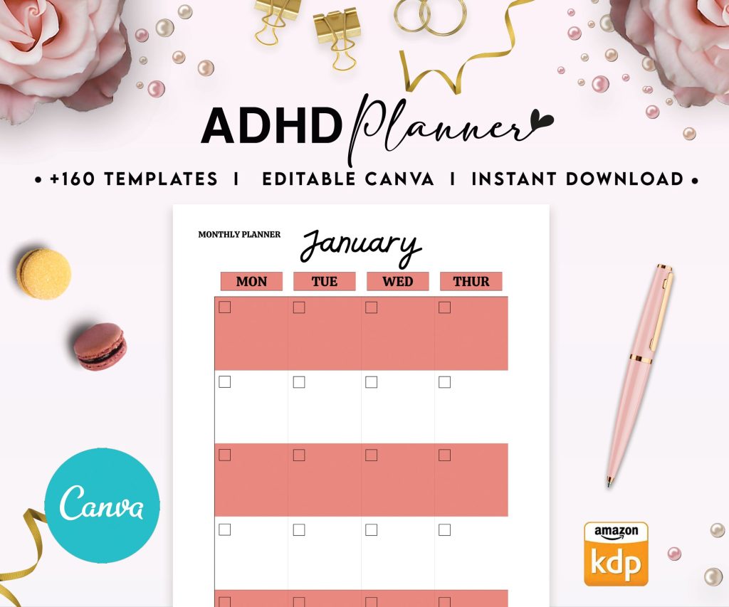 Adult ADHD +160 editable Canva Life Planner Templates for Journal, Canva KDP Planner editable interiors bundle as print PDF