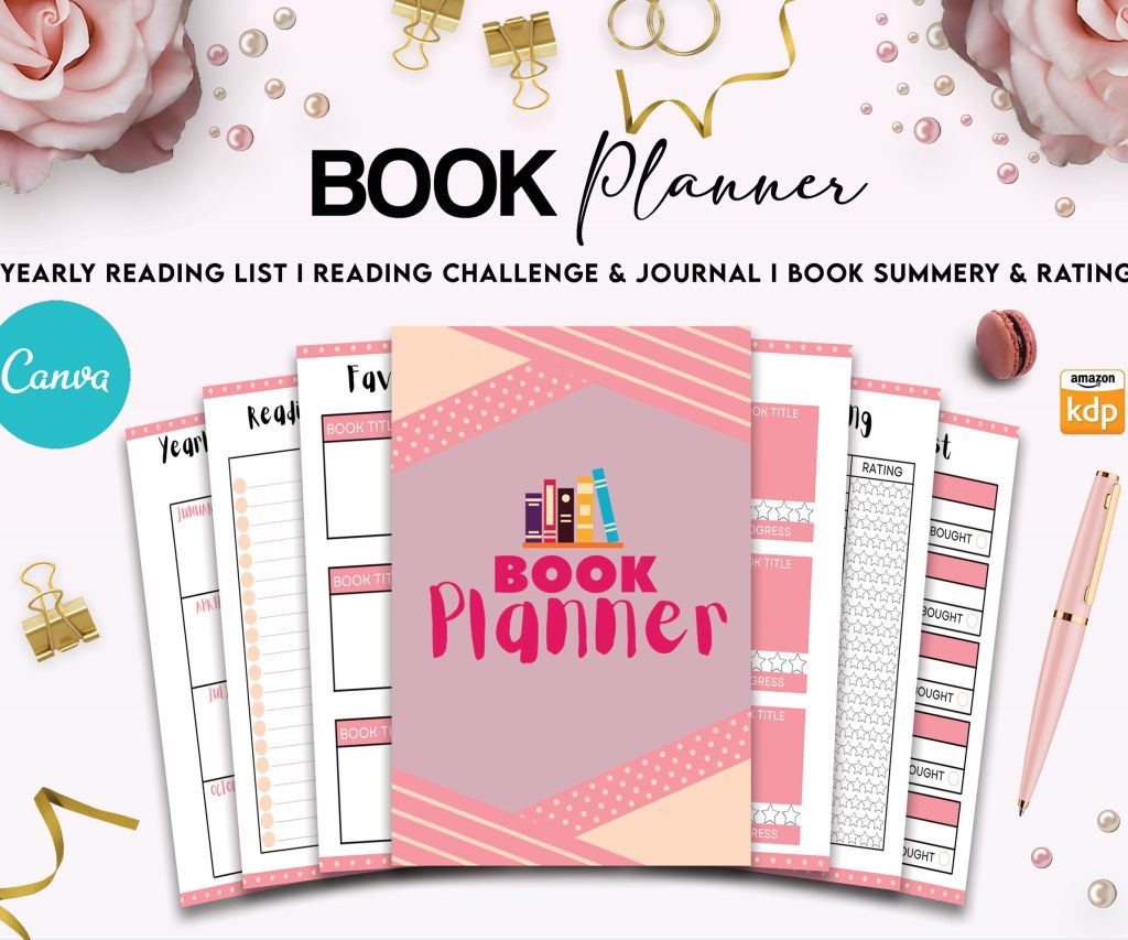 Book Planner / logbook 12 Editable Templates for Journal, book reading planner, Canva KDP Planner editable interior