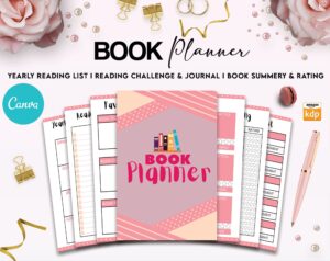 Book Planner / logbook 12 Editable Templates for Journal, book reading planner, Canva KDP Planner editable interior