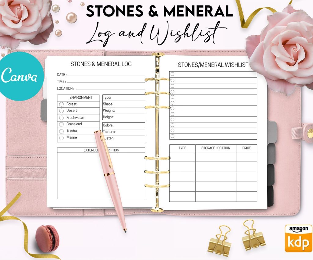 Stone Mineral Crystal Journal 6×9″ Canva 5 Editable Templates, Canva KDP Kids editable interior digital and printable