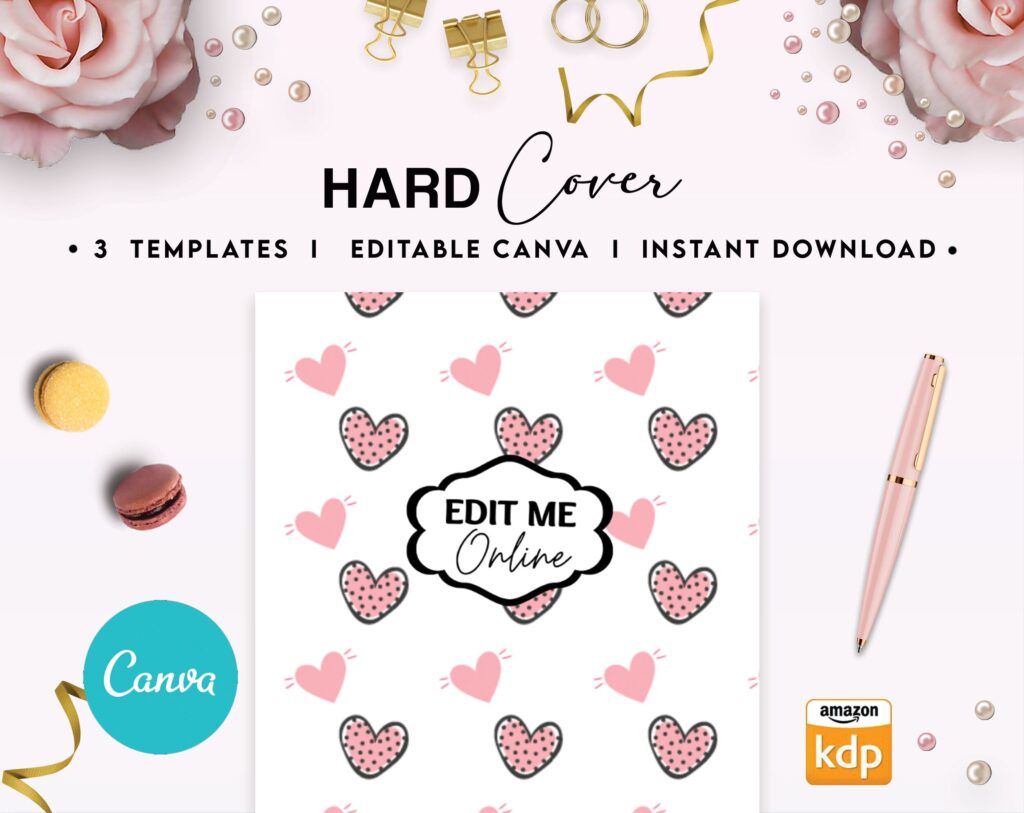 Hearth Pattern pink girl Hardcover Template Canva Editable For Notebook, Journal, Hard Covers, Canva template For KDP Cover 6×9″ 120 pages