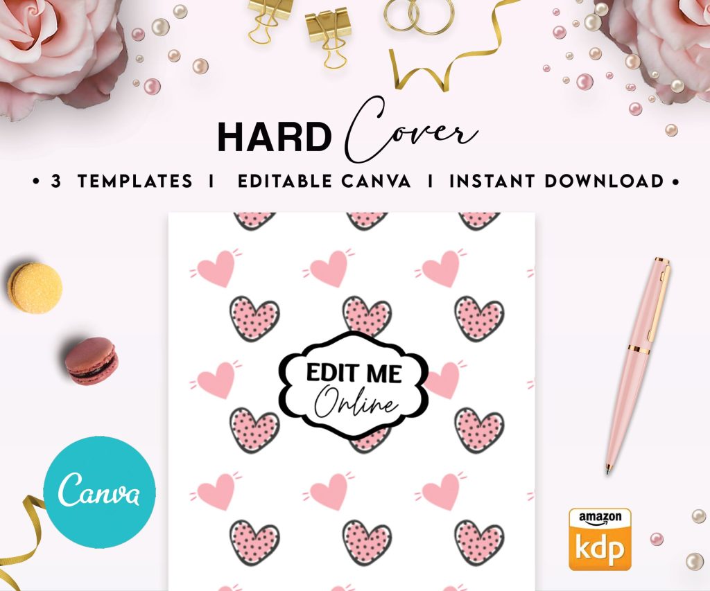 Hearth Pattern pink girl Hardcover Template Canva Editable For Notebook, Journal, Hard Covers, Canva template For KDP Cover 6×9″ 120 pages