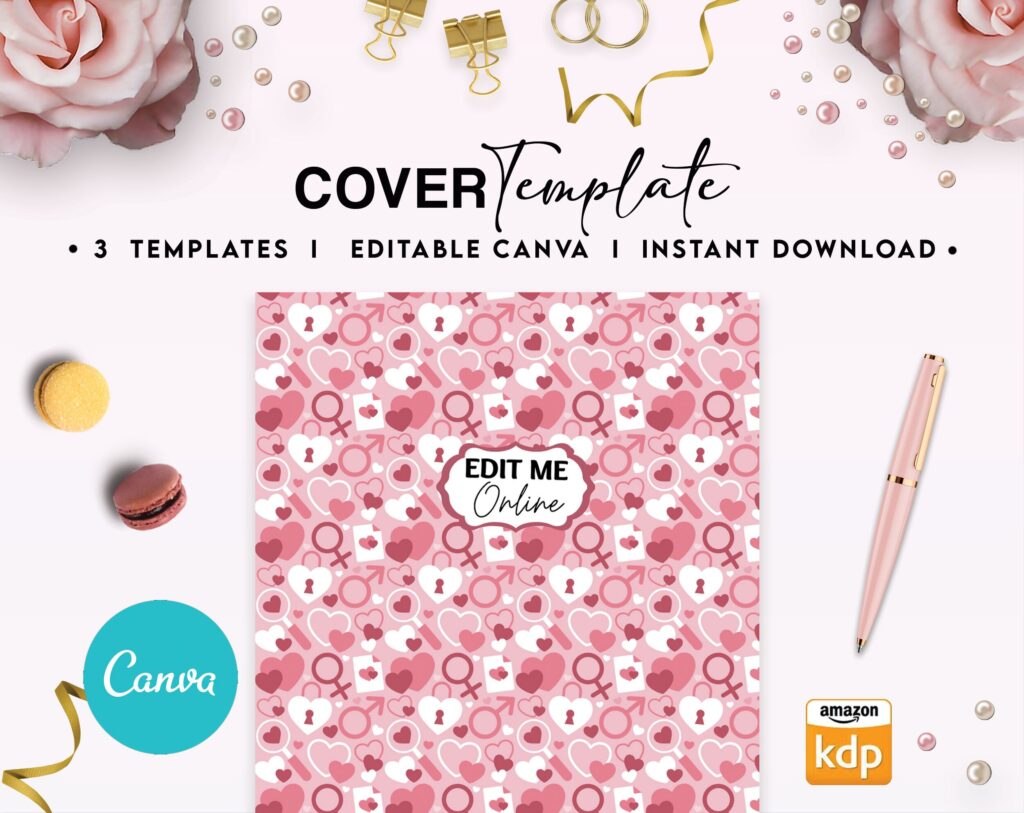 3 Hearth Pattern pink girl Hardcover Template Canva Editable For Notebook, Journal, Hard Covers, Canva template For KDP Cover 6×9″ 120 pages