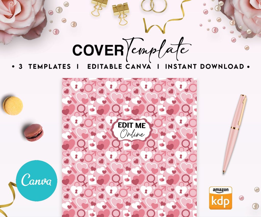 3 Hearth Pattern pink girl Hardcover Template Canva Editable For Notebook, Journal, Hard Covers, Canva template For KDP Cover 6×9″ 120 pages