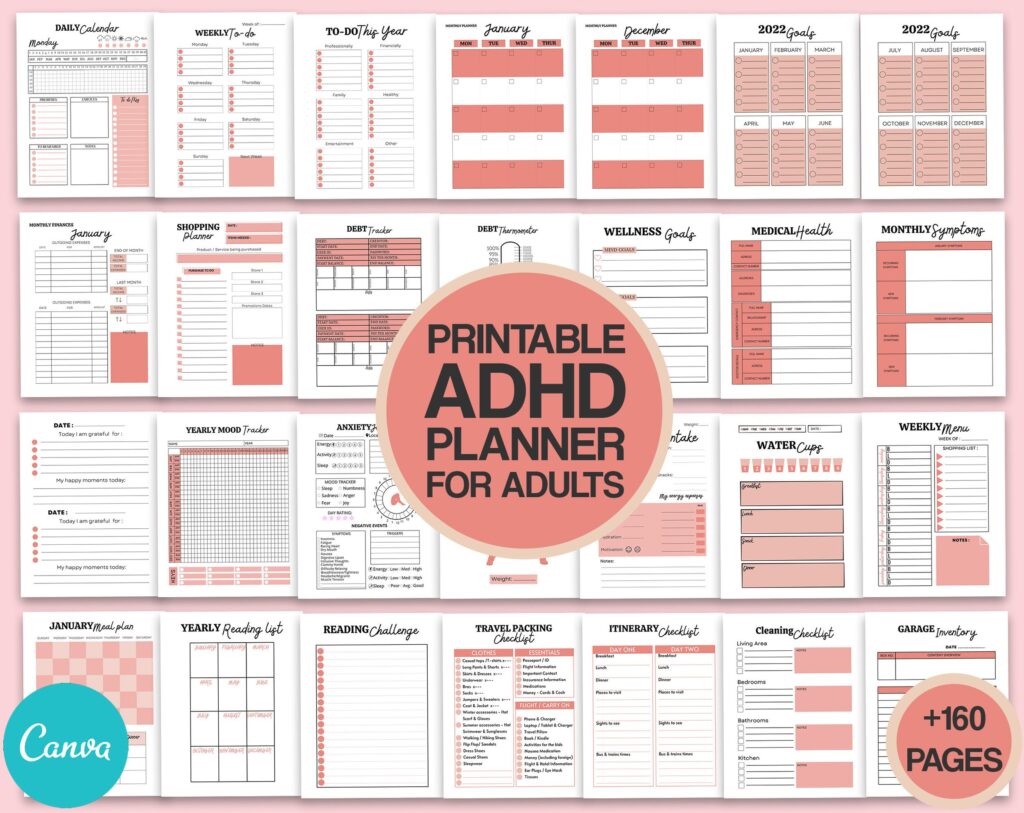 Adult ADHD +160 editable Canva Life Planner Templates for Journal, Canva KDP Planner editable interiors bundle as print PDF
