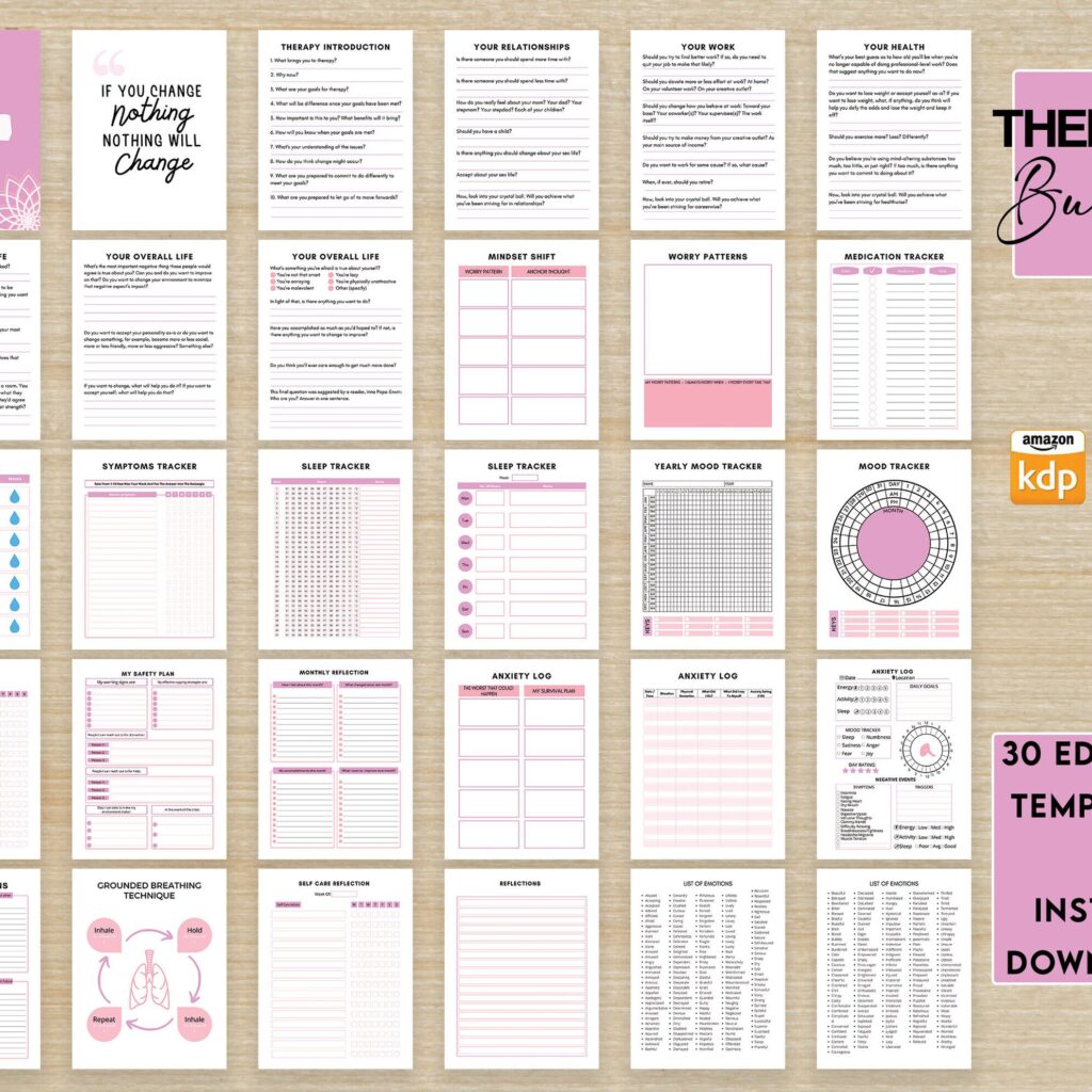Therapy Journal with questions workbook 8.5×11″ Canva Editable 30 Templates, Canva KDP editable interior, digital and printable.Mental