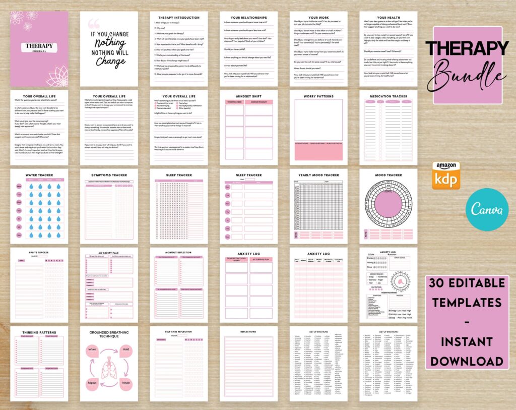 Therapy Journal with questions workbook 8.5×11″ Canva Editable 30 Templates, Canva KDP editable interior, digital and printable.Mental