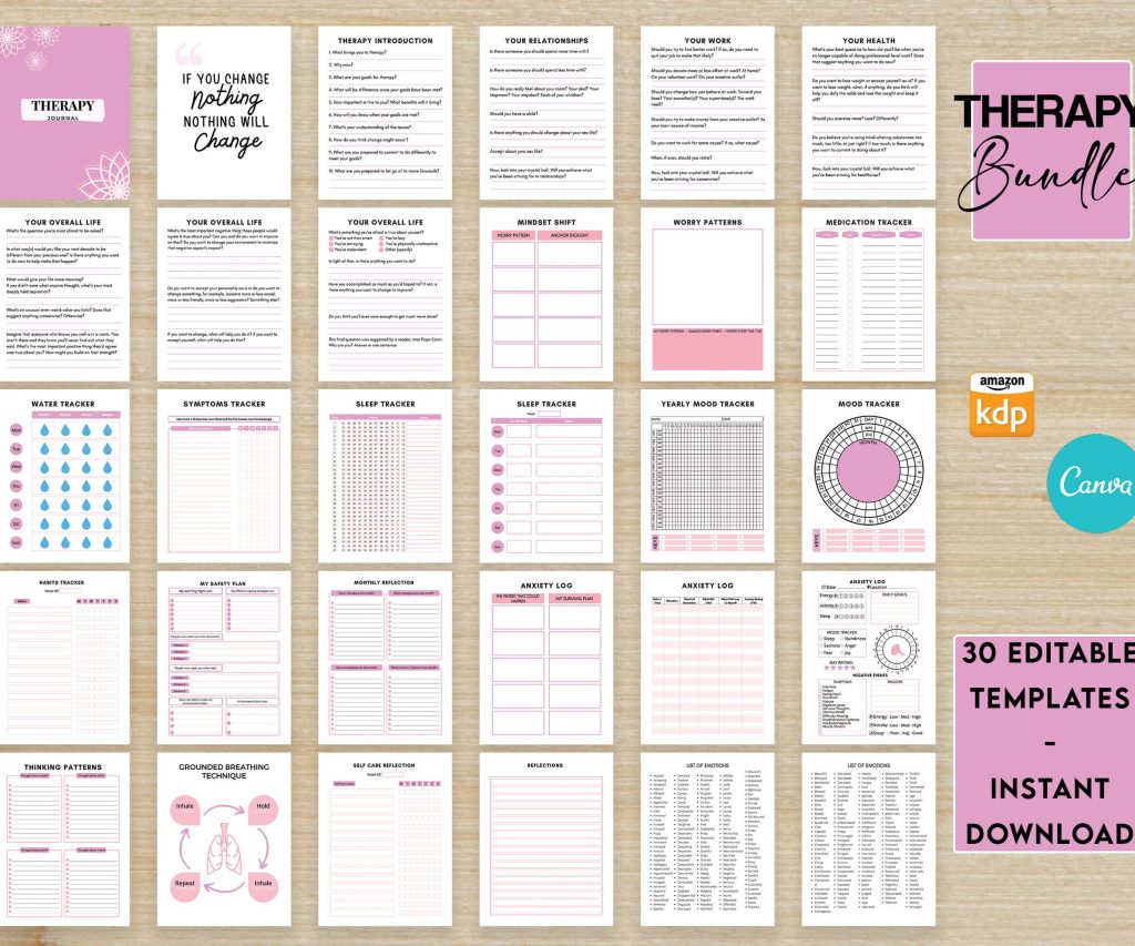 Therapy Journal with questions workbook 8.5×11″ Canva Editable 30 Templates, Canva KDP editable interior, digital and printable.Mental