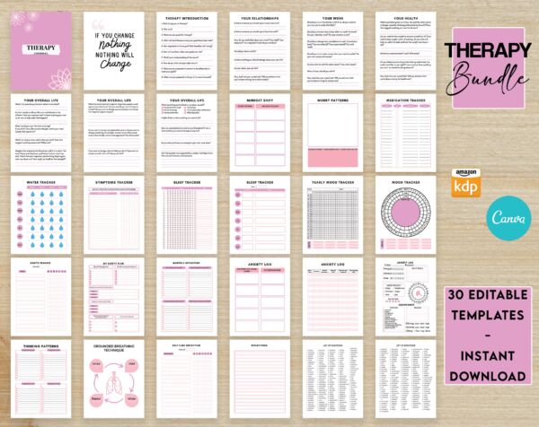 Therapy Journal with questions workbook 8.5x11" Canva Editable 30 Templates, Canva KDP editable interior, digital and printable.Mental