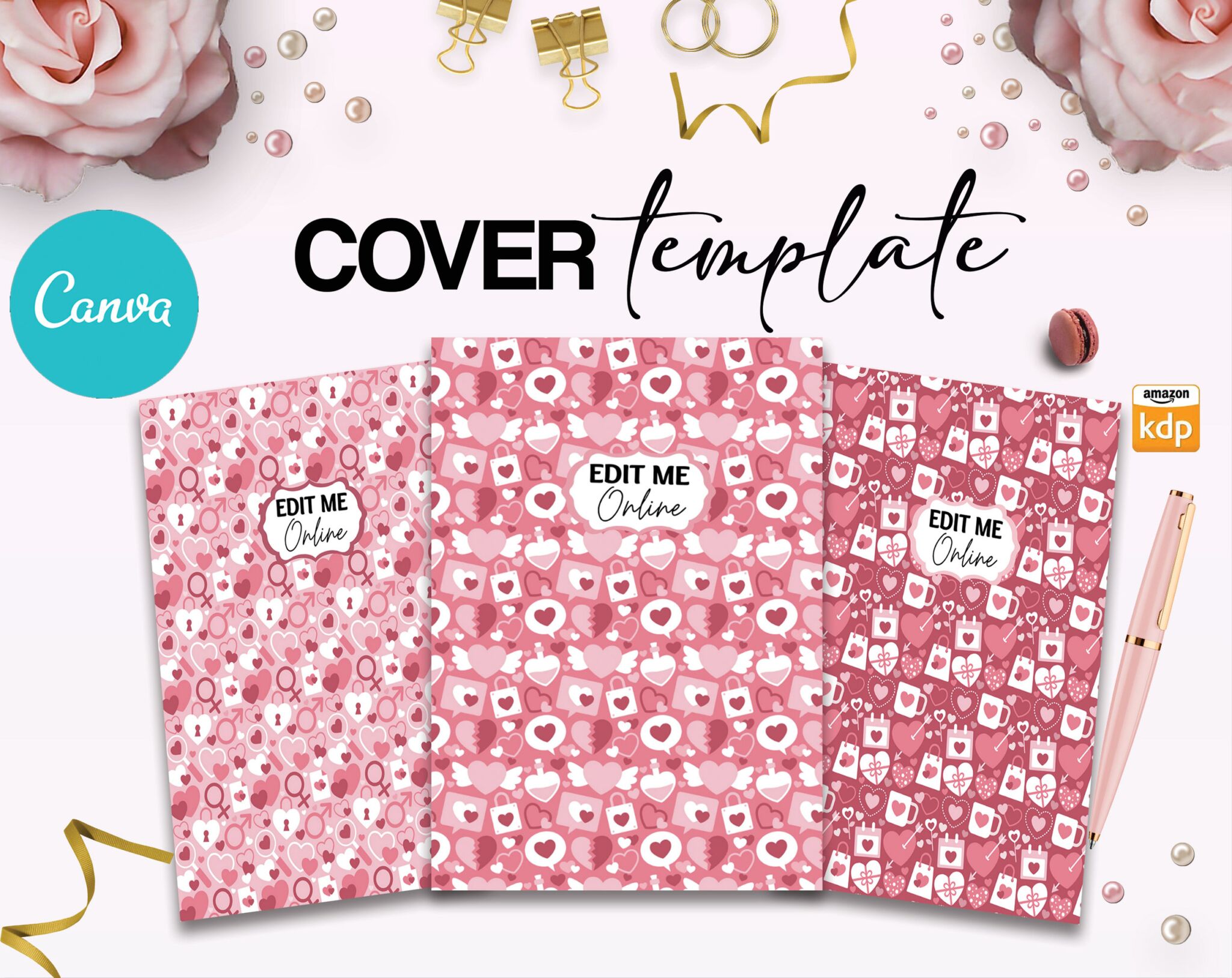 Hearth Pattern girl pink Book Cover Template Bundle Canva Editable For