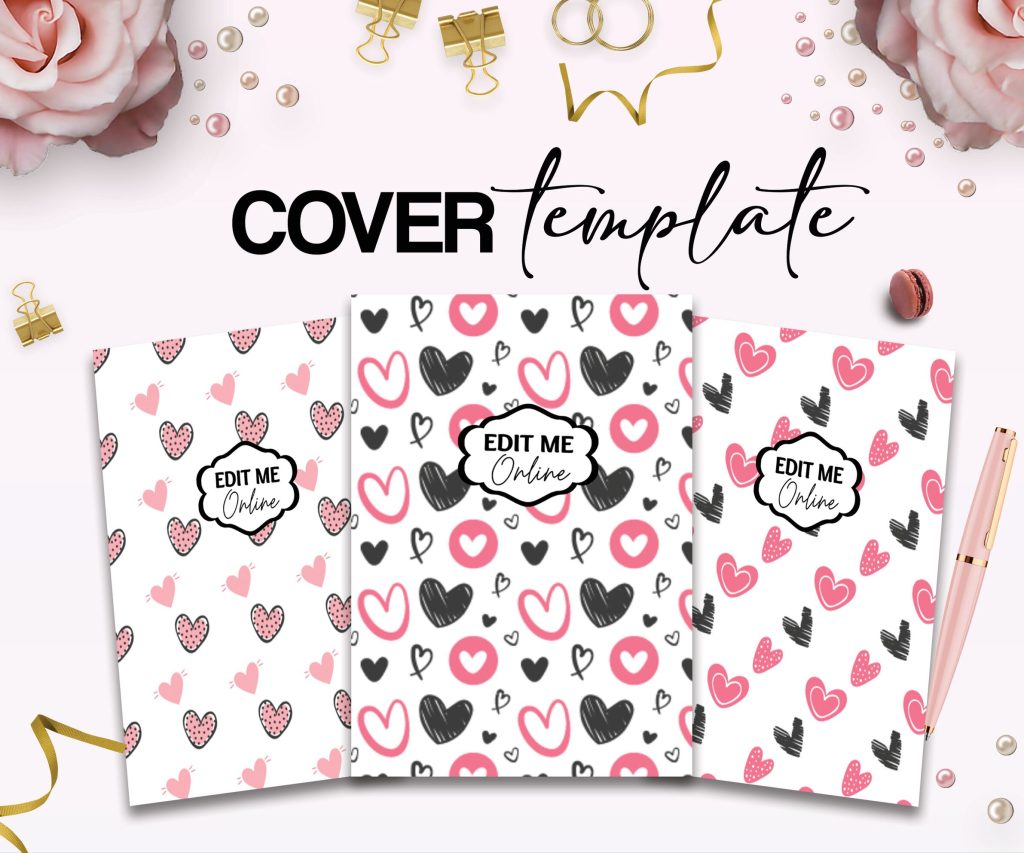 Hearth Pattern girl pink Book Cover Template Bundle Canva Editable For Notebook Journal Binder Covers, Canva For KDP Cover 6×9″ 120 pages