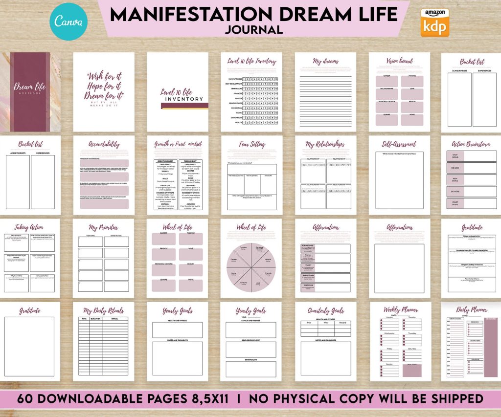 Manifestation Dream life Journal 8.5×11″ Canva Editable 60 Templates, Canva KDP editable interior workbook, digital and printable.