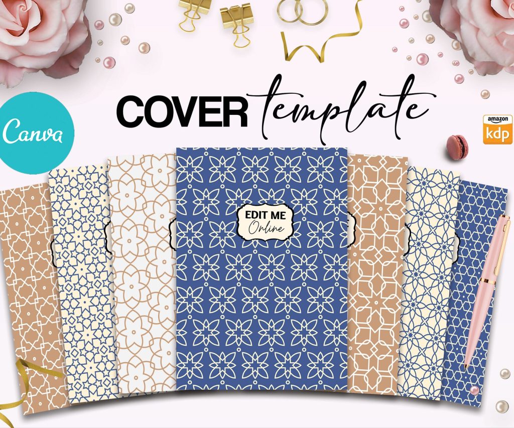 7 Arabic Pattern Hardcover Template Canva Editable For Notebook, Journal, Novel, Hard Covers, Canva template For KDP Cover 6×9″ 120 pages