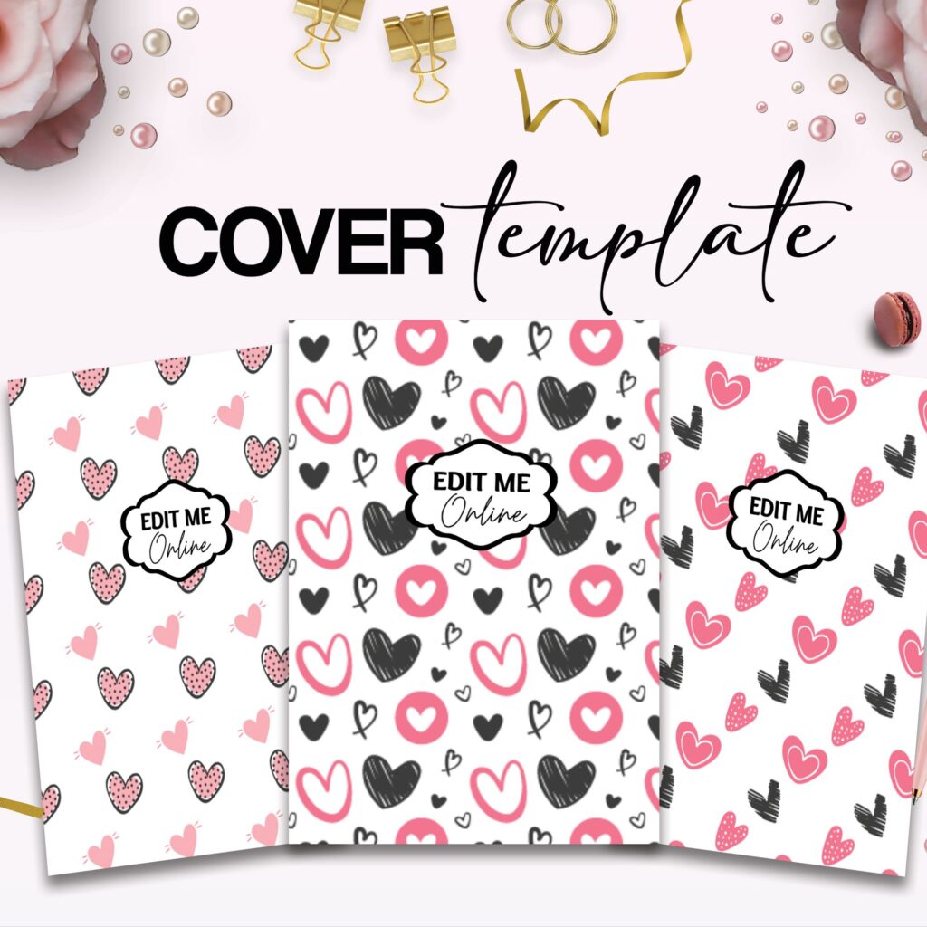 Hearth Pattern pink girl Hardcover Template Canva Editable For Notebook, Journal, Hard Covers, Canva template For KDP Cover 6×9″ 120 pages