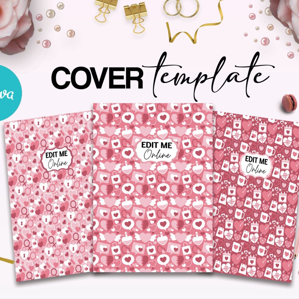 3 Hearth Pattern pink girl Hardcover Template Canva Editable For Notebook, Journal, Hard Covers, Canva template For KDP Cover 6×9″ 120 pages