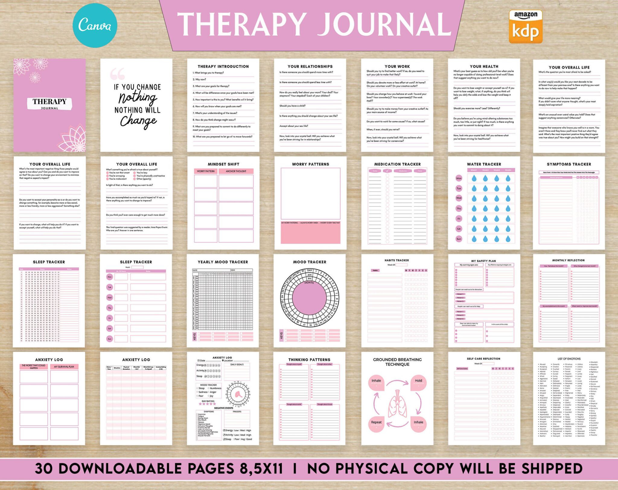 Therapy Journal with questions workbook 8.5x11" Canva Editable 30 Templates, Canva KDP editable