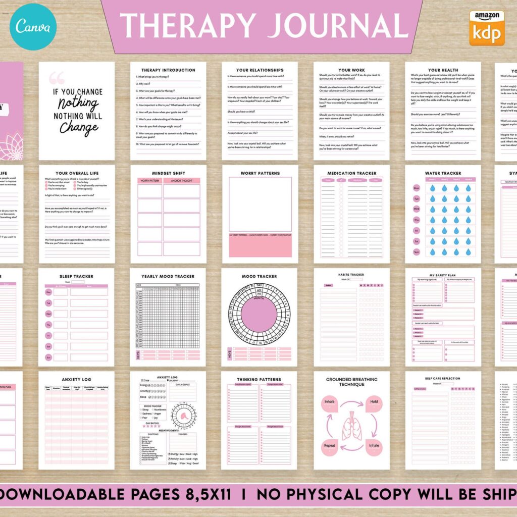 Therapy Journal with questions workbook 8.5×11″ Canva Editable 30 Templates, Canva KDP editable interior, digital and printable.Mental