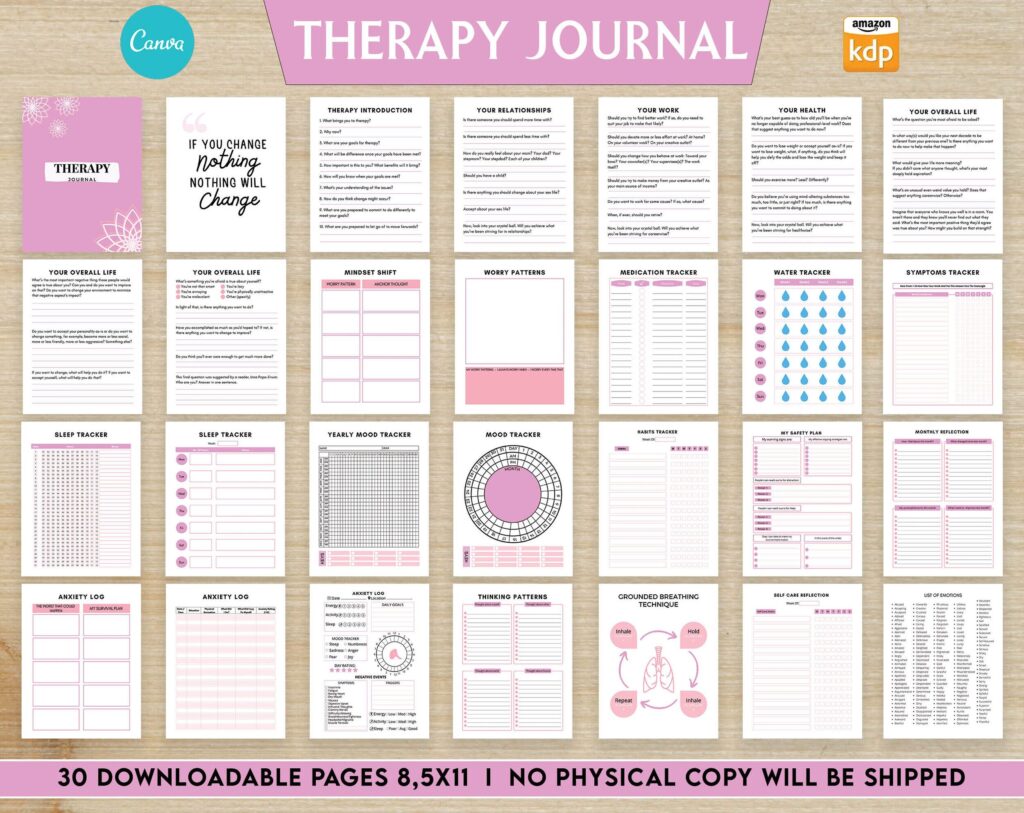 Therapy Journal with questions workbook 8.5×11″ Canva Editable 30 Templates, Canva KDP editable interior, digital and printable.Mental
