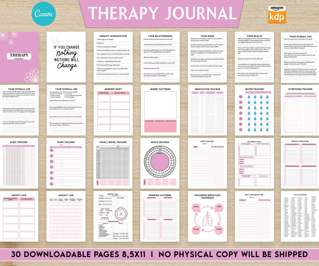 Therapy Journal with questions workbook 8.5×11″ Canva Editable 30 Templates, Canva KDP editable interior, digital and printable.Mental