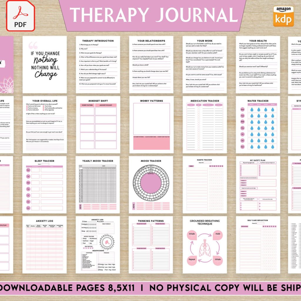 Therapy Journal with questions workbook 8.5×11″ 30 Pages, KDP interior printable, Worksheet, Mental health anxiety, Depression, self-care ..