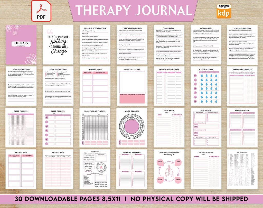 Therapy Journal with questions workbook 8.5×11″ 30 Pages, KDP interior printable, Worksheet, Mental health anxiety, Depression, self-care ..
