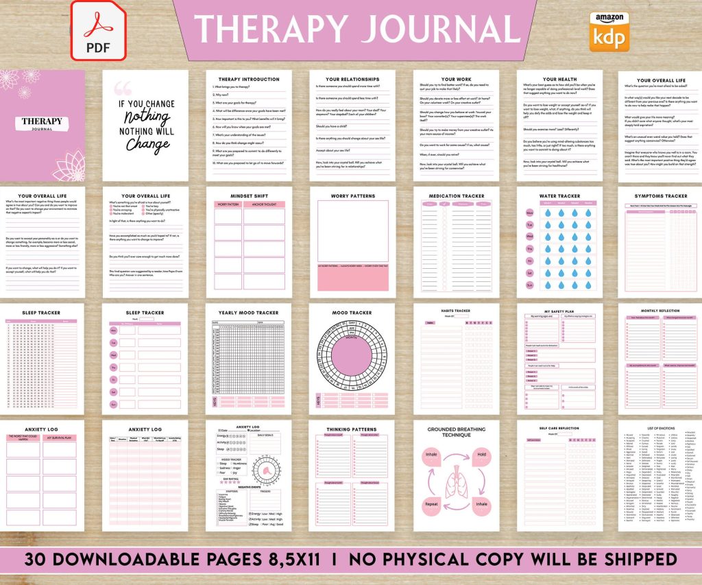 Therapy Journal with questions workbook 8.5×11″ 30 Pages, KDP interior printable, Worksheet, Mental health anxiety, Depression, self-care ..