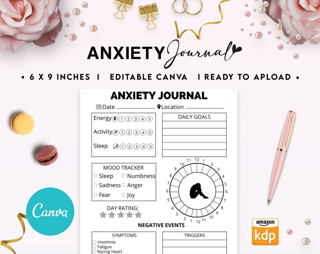 Anxiety Journal 6×9″ Canva Editable Template, Canva KDP editable interior for men women, digital and printable