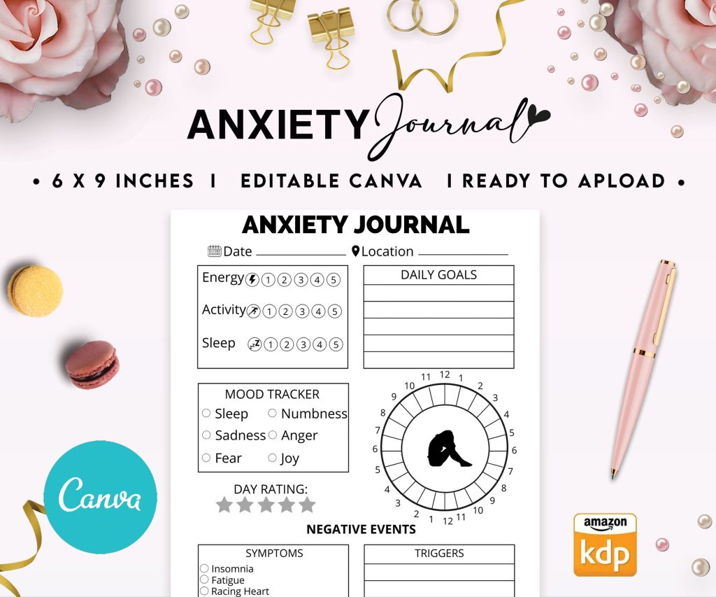 Anxiety Journal 6×9″ Canva Editable Template, Canva KDP editable interior for men women, digital and printable