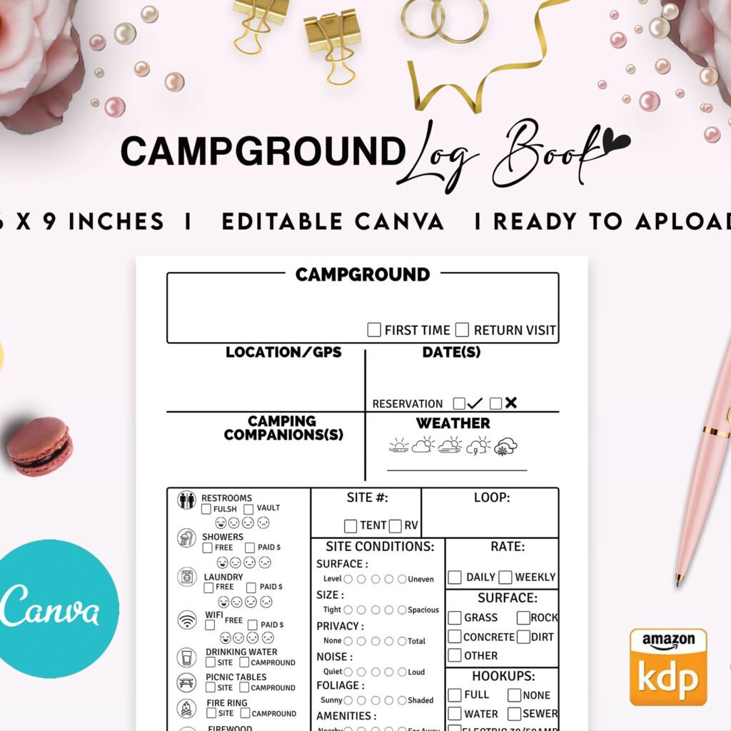 Camping Campground Journal 6×9″ Canva Editable Template, Canva KDP editable interior digital and printable,