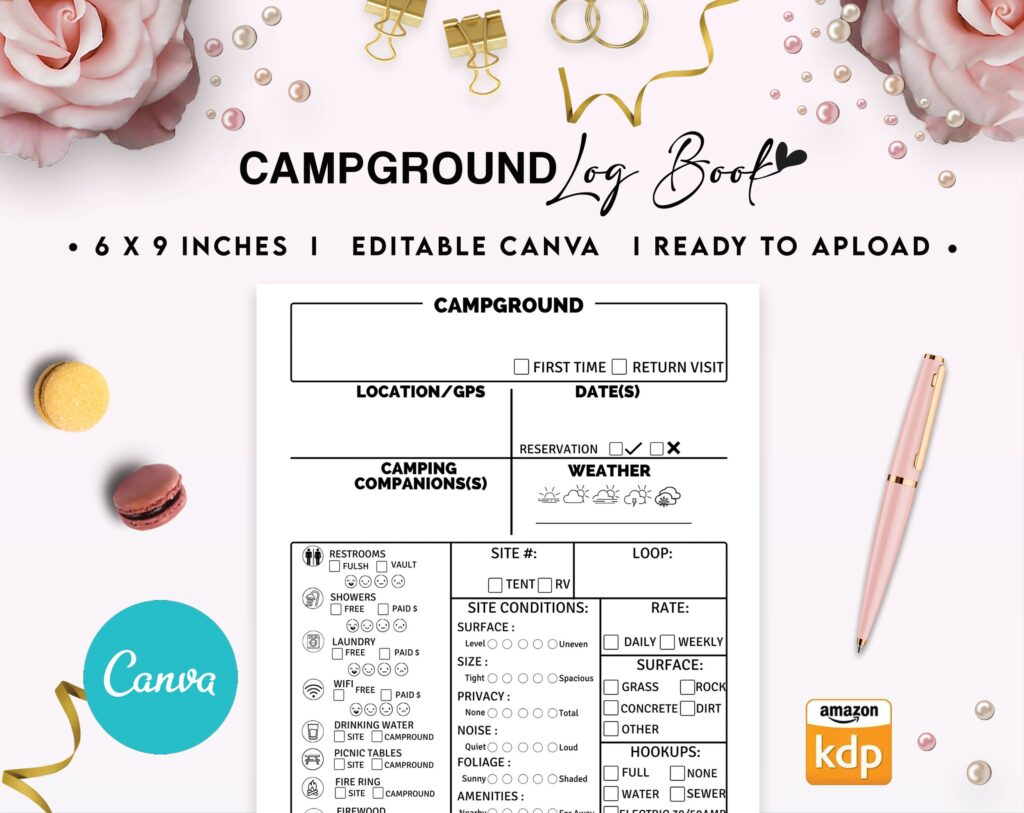 Camping Campground Journal 6×9″ Canva Editable Template, Canva KDP editable interior digital and printable,