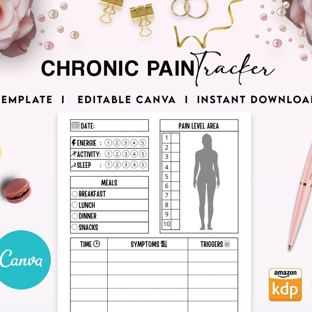 Chronic pain Logbook Tracker Journal 6×9″ Canva Editable Template, Canva KDP Kids editable interior digital and printable,