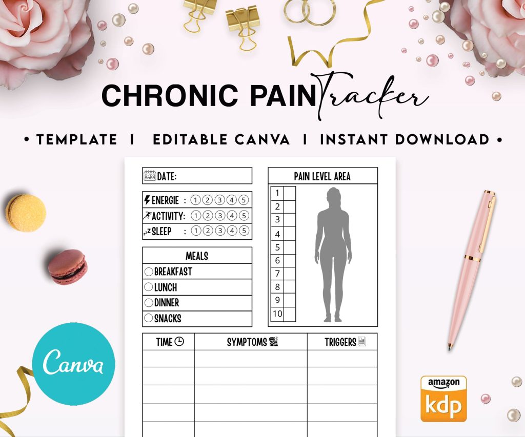 Chronic pain Logbook Tracker Journal 6×9″ Canva Editable Template, Canva KDP Kids editable interior digital and printable,