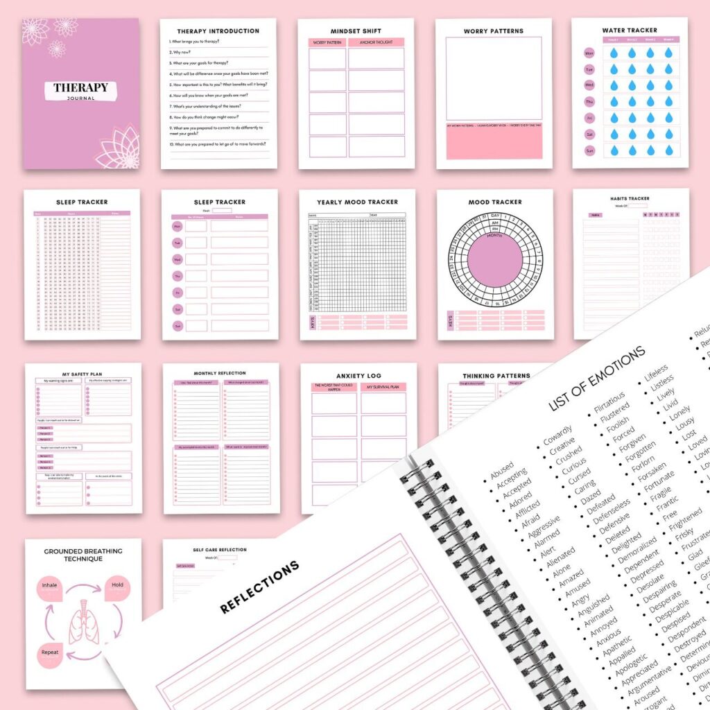 Therapy Journal with questions workbook 8.5×11″ 30 Pages, KDP interior printable, Worksheet, Mental health anxiety, Depression, self-care ..