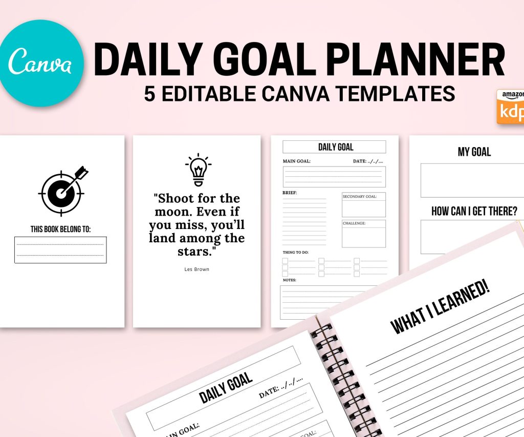 Canva Daily Goal Planner 5 Templates for Journal, Canva KDP Planner editable interiors Bundle COMMERCIAL USE