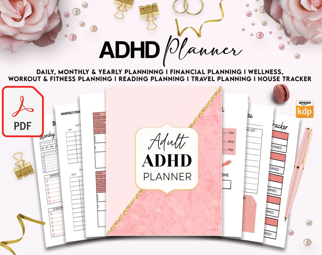 Adult ADHD +160 Pages Life Planner for Journal, KDP Planner interiors bundle, printable PDF size 8.5×11″