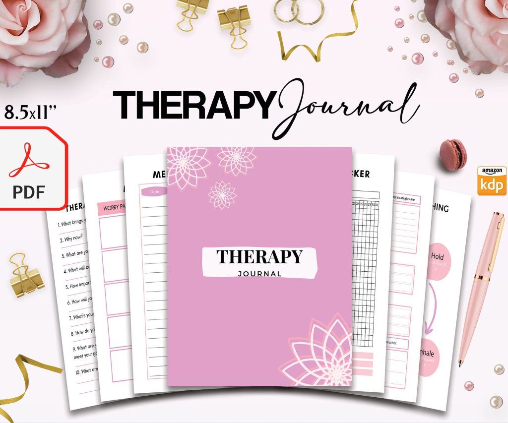 Therapy Journal with questions workbook 8.5×11″ 30 Pages, KDP interior printable, Worksheet, Mental health anxiety, Depression, self-care ..