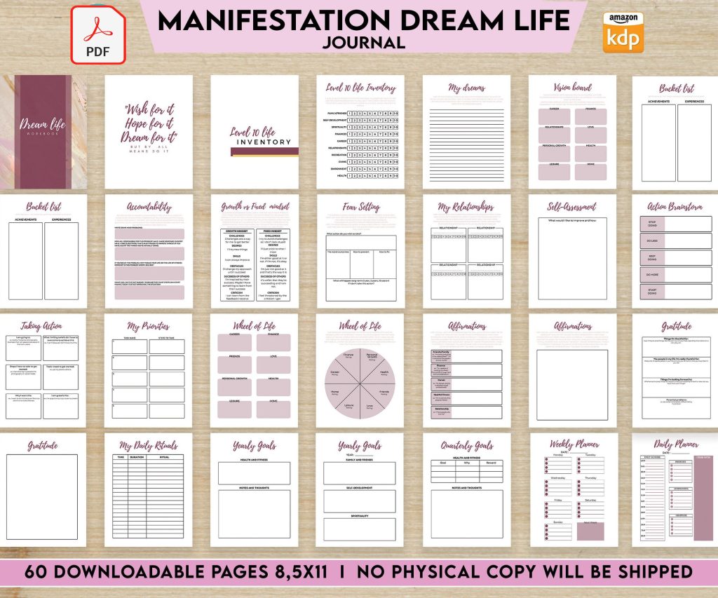 Manifestation Dream life Journal 8.5×11″ Canva Editable 60 Templates, Canva KDP editable interior workbook, digital and printable.