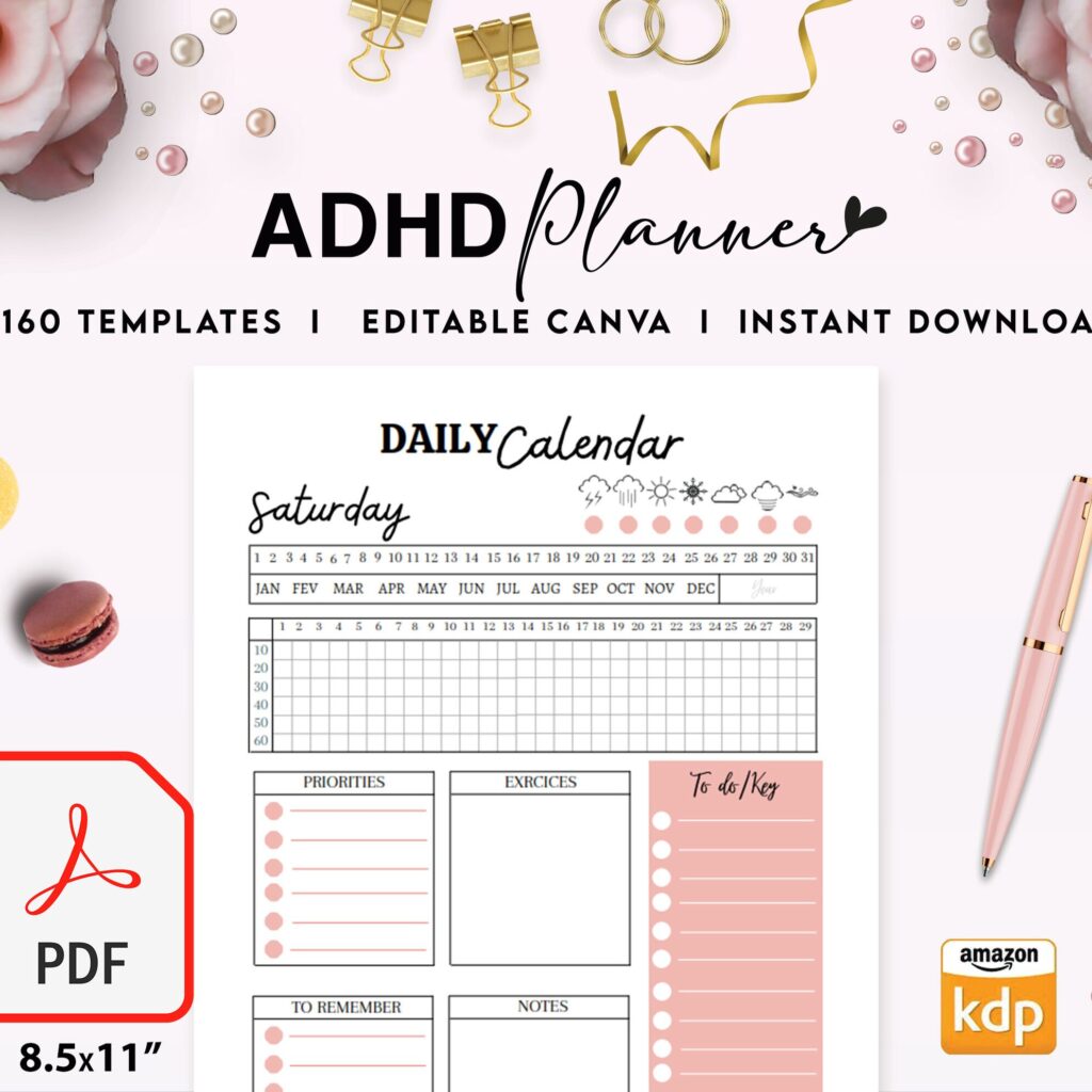 Adult ADHD +160 Pages Life Planner for Journal, KDP Planner interiors bundle, printable PDF size 8.5×11″