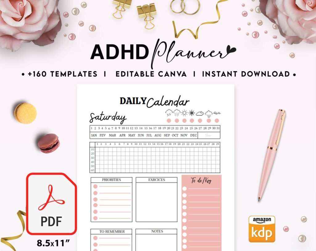 Adult ADHD +160 Pages Life Planner for Journal, KDP Planner interiors bundle, printable PDF size 8.5×11″