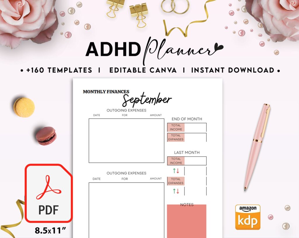 Adult ADHD +160 Pages Life Planner for Journal, KDP Planner interiors bundle, printable PDF size 8.5×11″