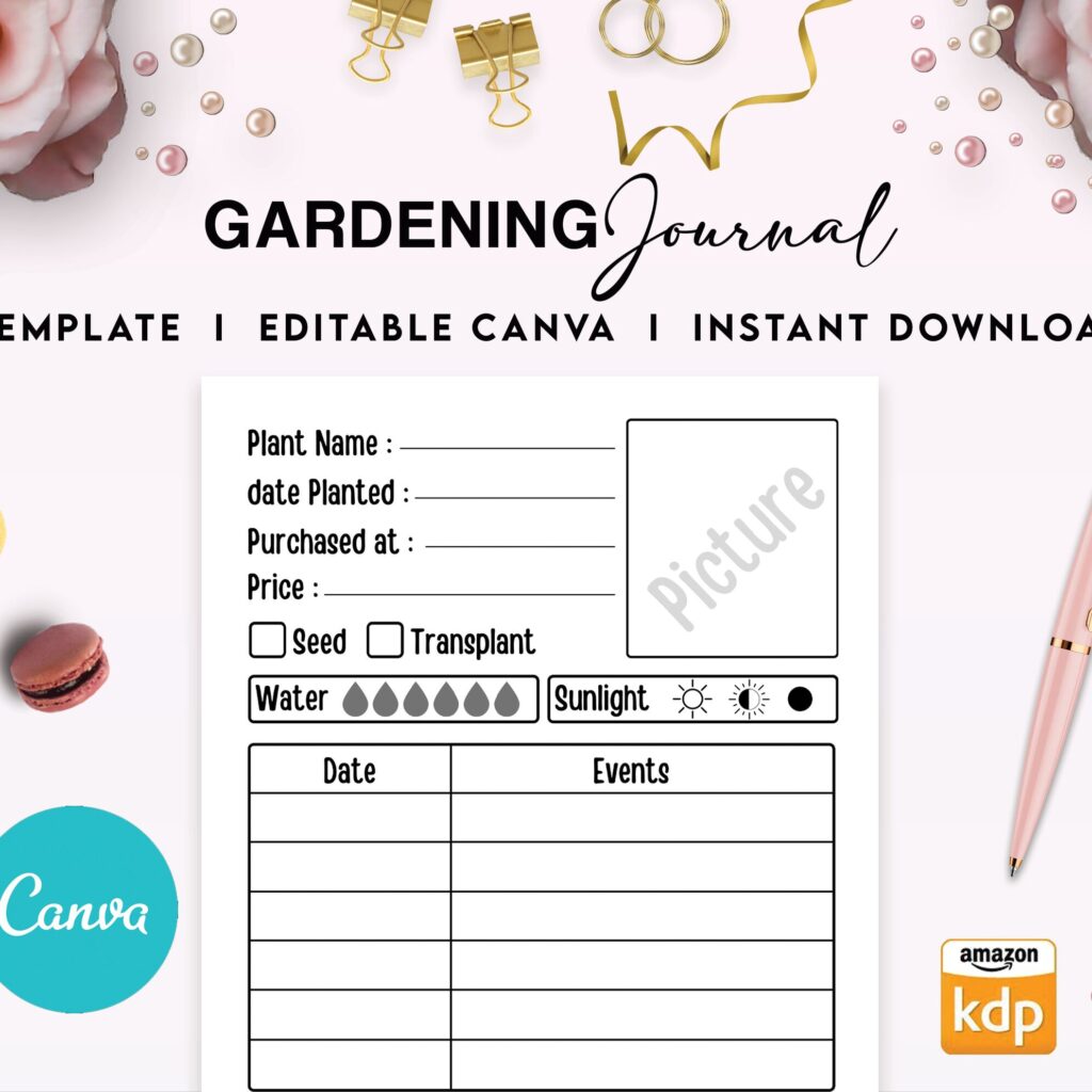 Plant Gardening Logbook Tracker Journal 6×9″ Canva Editable Template, Canva KDP Kids editable interior digital and printable,