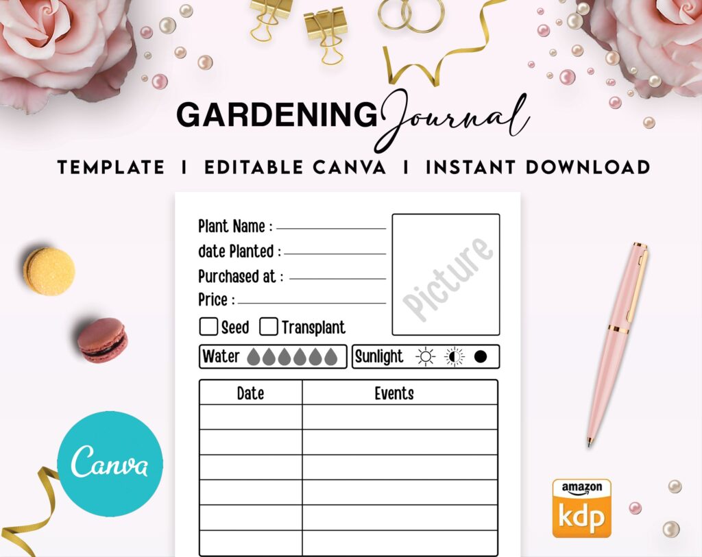 Plant Gardening Logbook Tracker Journal 6×9″ Canva Editable Template, Canva KDP Kids editable interior digital and printable,