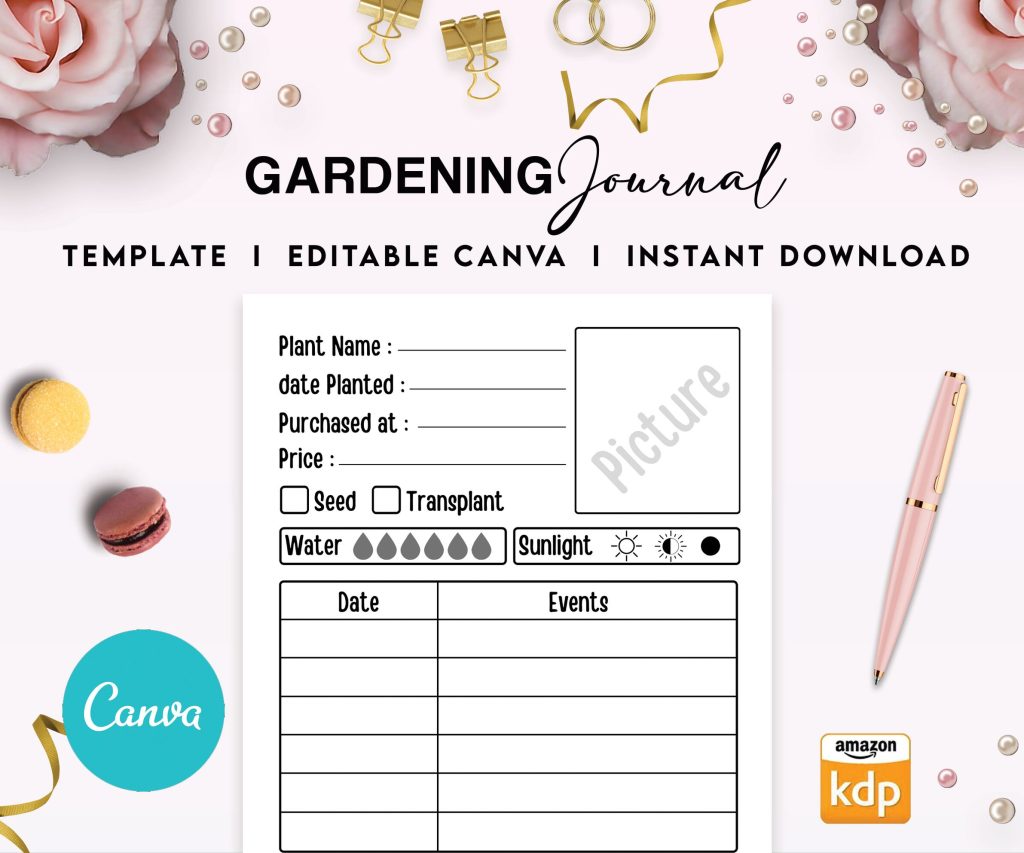 Plant Gardening Logbook Tracker Journal 6×9″ Canva Editable Template, Canva KDP Kids editable interior digital and printable,