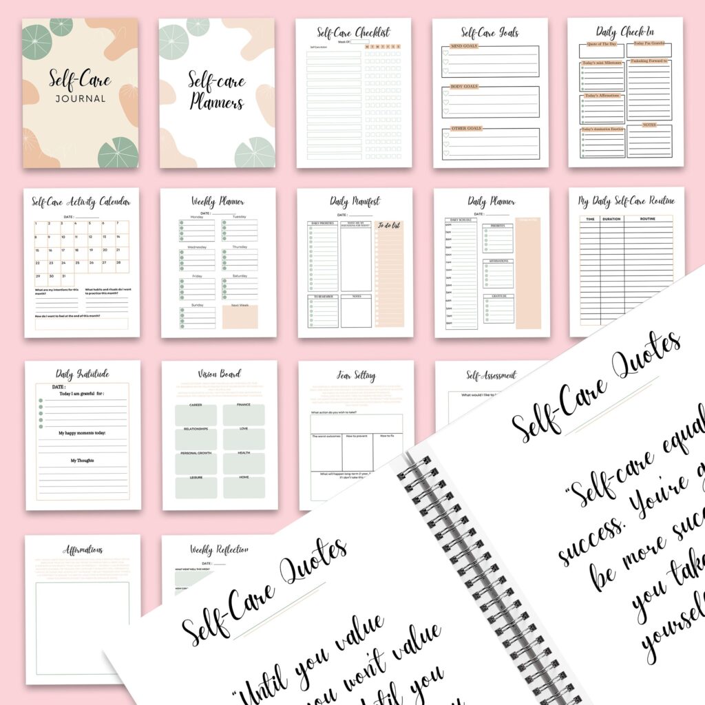 Self-care self love wellness, guided journal With Prompts 63 Editable Templates, 8.5×11″ Canva KDP Planner editable interiors Bundle COMMERCIAL Use