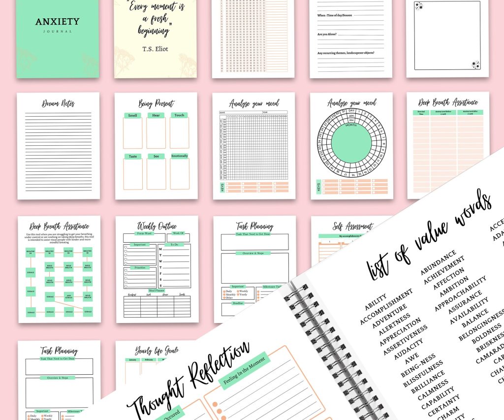 Anxiety Journal with questions, Therapy workbook 8.5×11″ Canva Editable 30 Templates, Canva KDP interior with prompt, digital and printable