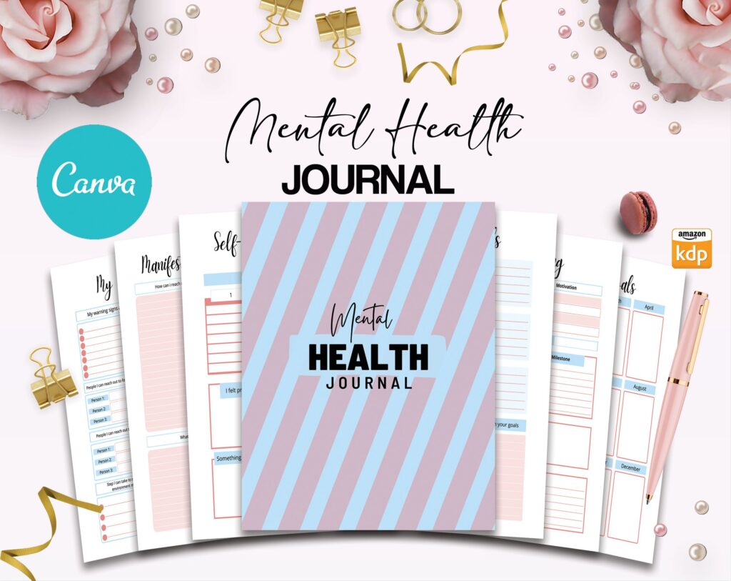 Mental Health guided therapy journal With Prompts 60 Editable Templates, 8.5×11″ Canva KDP Planner editable interiors Bundle COMMERCIAL Use