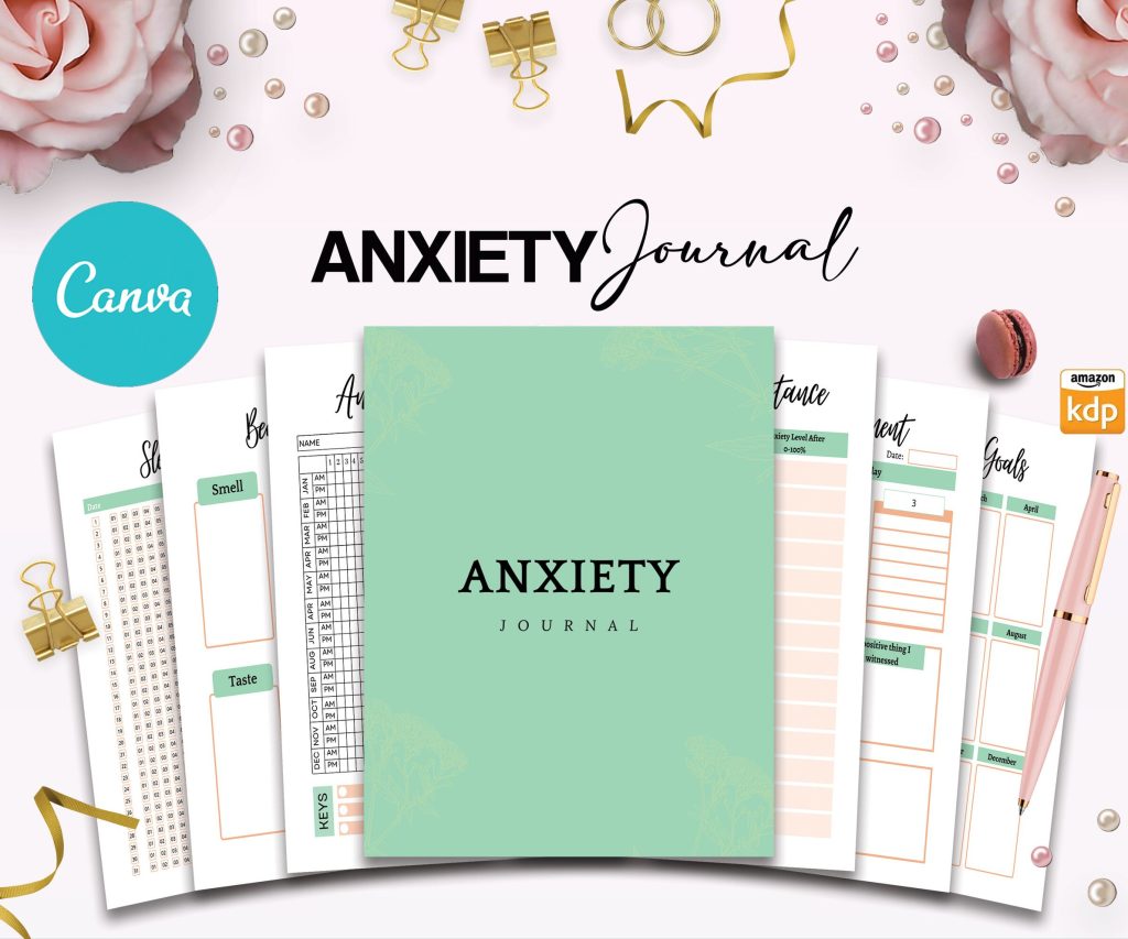Anxiety Journal with questions, Therapy workbook 8.5×11″ Canva Editable 30 Templates, Canva KDP interior with prompt, digital and printable