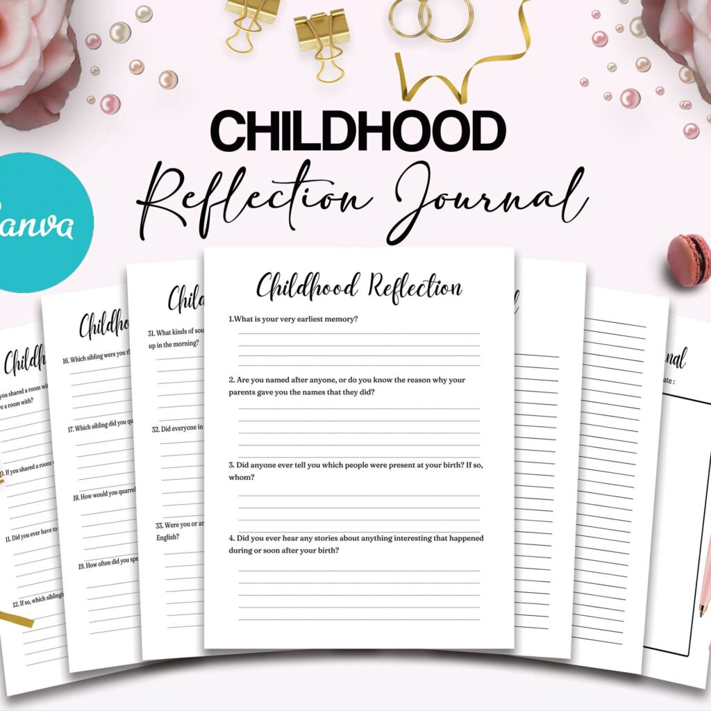 Childhood Reflection guided journal With Prompts 30 Editable Templates 100 questions, 8.5×11″ Canva KDP Planner editable interiors Bundle COMMERCIAL Use